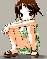 TAGS: anus, highres, loli, mouth hold, no panties, pussy, skirt, skirt lift, uncensored, blush, bosshi, brown eyes, brown hair, dress, dress lift, feet, sandals, shadow, short hair, short twintails, solo, squatting, twintails.