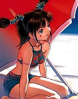 TAGS: armband, beach, beach umbrella, bikini, blue eyes, breasts, highres, kneeling, kobayashi yuji, swimsuit, umbrella, vertical.