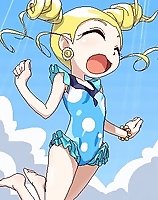 TAGS: barefoot, blonde hair, bracelet, bubbles, drill hair, earrings, eyes closed, gotokuji miyako, happy, jewelry, jumping, one_piece, open mouth, powerpuff girls z, rolling bubbles, swimsuit, twintails.