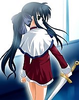 TAGS: blue hair, bow, hair ribbon, kanon, kawasumi mai, long hair, odaya, ponytail, ribbon, sword, vertical, weapon.