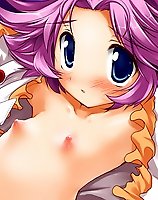 TAGS: :o, armpits, arms up, bed, blue eyes, blush, bust, dutch angle, embarrassed, flat chest, frills, game cg, horizontal, latooni subota, loli, lowres, lying, nipples, no bra, on back, open clothes, open mouth, open shirt, puffy nipples, purple hair, short hair, solo, spiked hair, super robot wars, super robot wars original generation, yoshiwo.